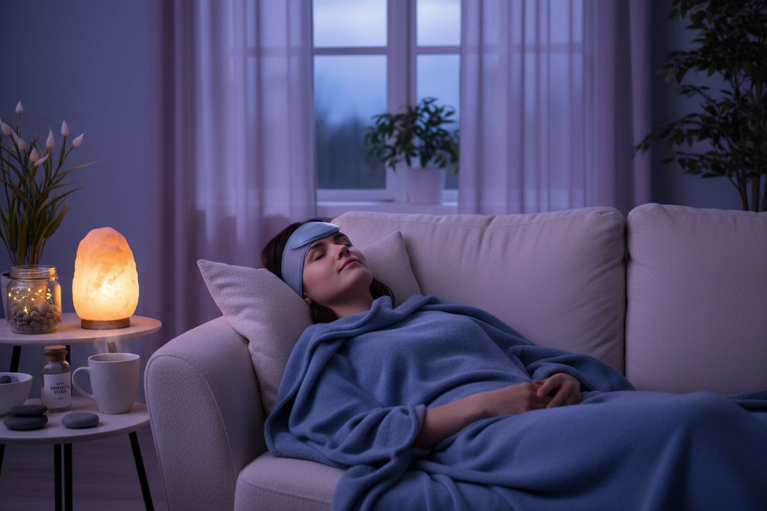 moden kvinne som hviler seg i liggende stilling på en sofa for å lindre migrene og hodepine