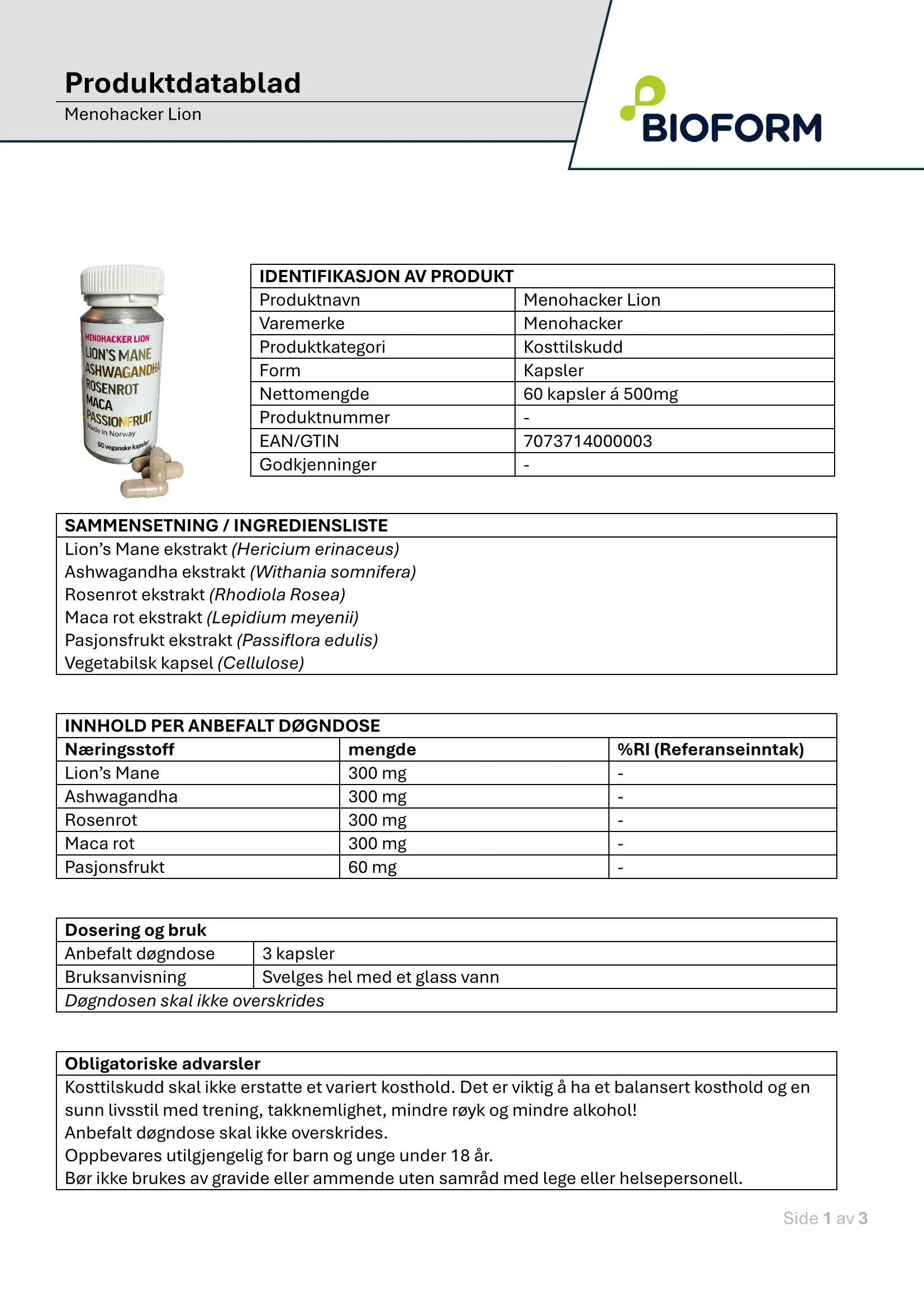 Menohacker Lion med lions mane, maca og rosenrot - 1 boks by Menohacker AS, org.nr. 937301464